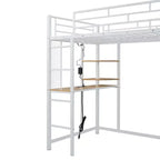 Lit mezzanine avec armoire sous le lit et rideau, cadre de lit en métal avec étagères de bureau, prise de courant et lumière LED