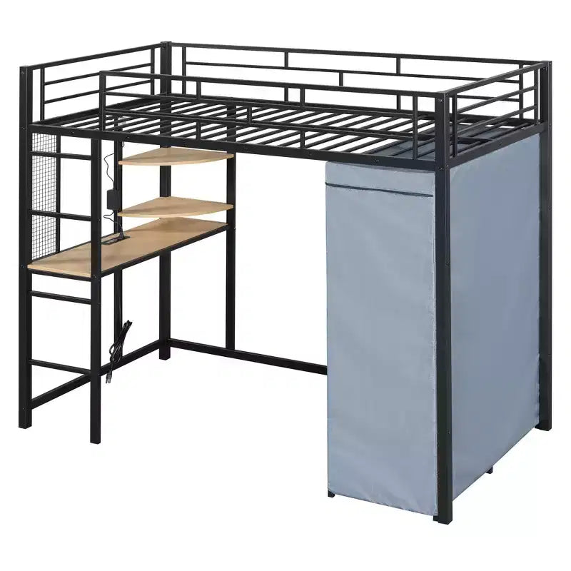 Lit mezzanine avec armoire sous le lit et rideau, cadre de lit en métal avec étagères de bureau, prise de courant et lumière LED