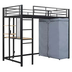 Lit mezzanine avec armoire sous le lit et rideau, cadre de lit en métal avec étagères de bureau, prise de courant et lumière LED