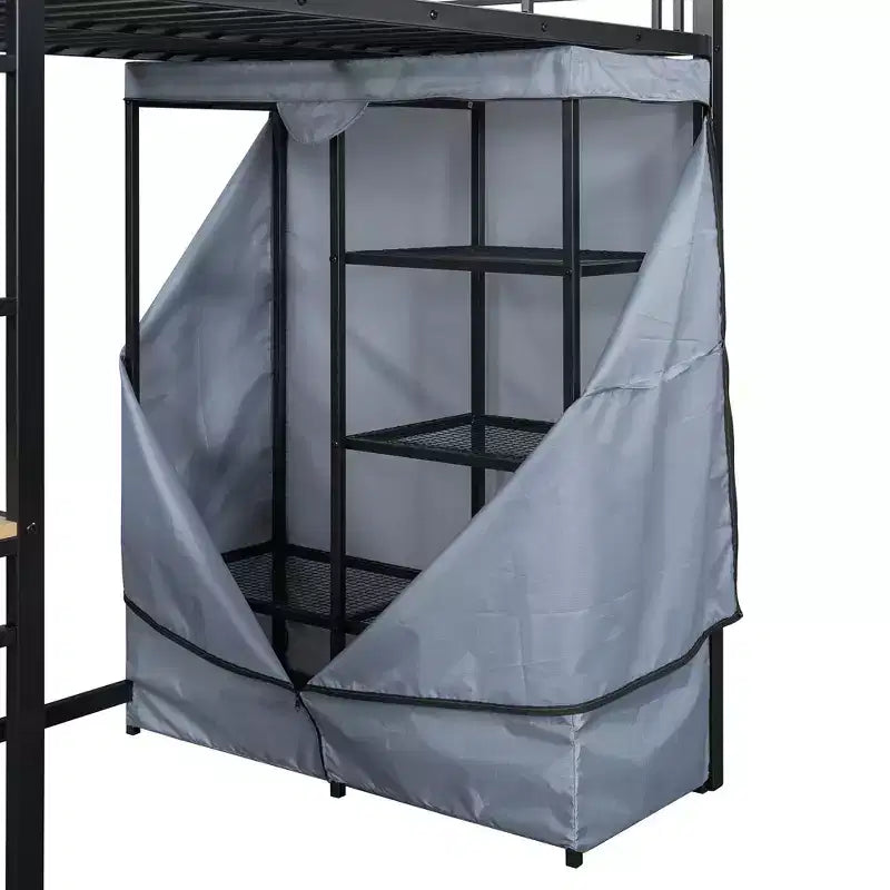 Lit mezzanine avec armoire sous le lit et rideau, cadre de lit en métal avec étagères de bureau, prise de courant et lumière LED