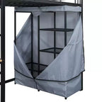 Lit mezzanine avec armoire sous le lit et rideau, cadre de lit en métal avec étagères de bureau, prise de courant et lumière LED