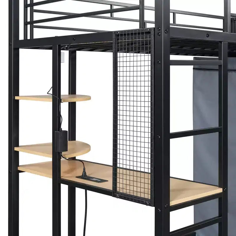 Lit mezzanine avec armoire sous le lit et rideau, cadre de lit en métal avec étagères de bureau, prise de courant et lumière LED