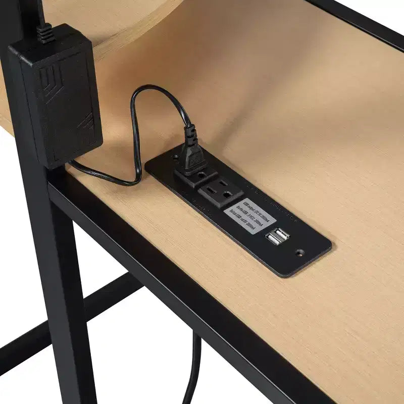 Lit mezzanine avec armoire sous le lit et rideau, cadre de lit en métal avec étagères de bureau, prise de courant et lumière LED
