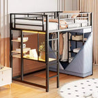 Loft Bed with Wardrobe Under The Bed and Curtain, Metal Bed Frame with Desk Shelves Power Outlet and LED Light