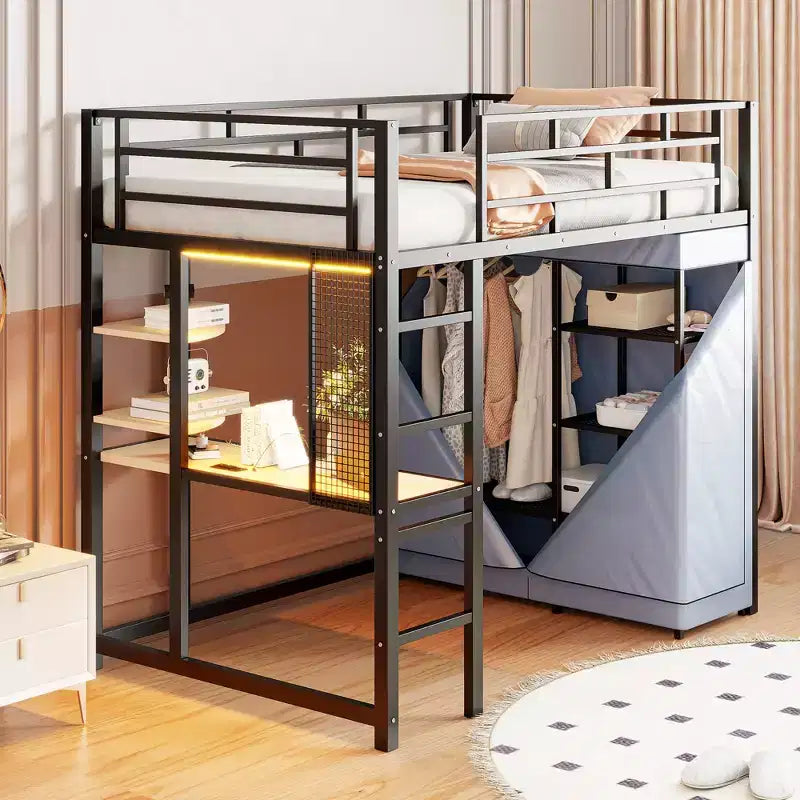Loft Bed with Wardrobe Under The Bed and Curtain, Metal Bed Frame with Desk Shelves Power Outlet and LED Light