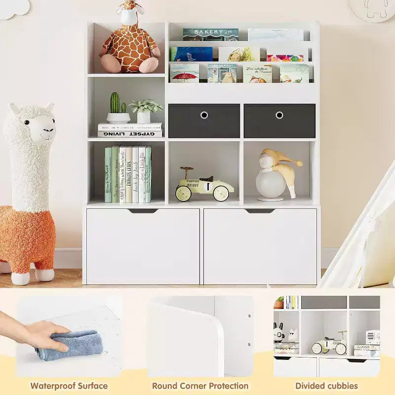Étagère à livres en bois pour enfants de 121 cm avec 4 tiroirs, bibliothèque pour enfants, étagère de rangement pour bébé, coffre à jouets au sol pour chambre d'enfant, salle de jeux, salle de classe