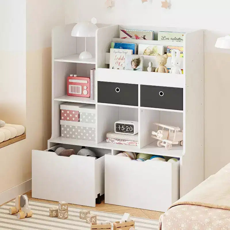 Étagère à livres en bois pour enfants de 121 cm avec 4 tiroirs, bibliothèque pour enfants, étagère de rangement pour bébé, coffre à jouets au sol pour chambre d'enfant, salle de jeux, salle de classe