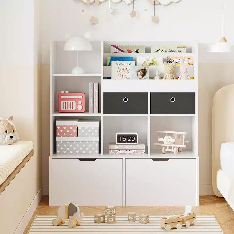 Étagère à livres en bois pour enfants de 121 cm avec 4 tiroirs, bibliothèque pour enfants, étagère de rangement pour bébé, coffre à jouets au sol pour chambre d'enfant, salle de jeux, salle de classe