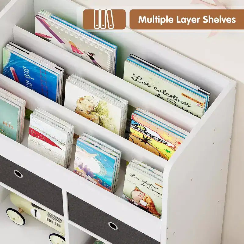 Étagère à livres en bois pour enfants de 121 cm avec 4 tiroirs, bibliothèque pour enfants, étagère de rangement pour bébé, coffre à jouets au sol pour chambre d'enfant, salle de jeux, salle de classe