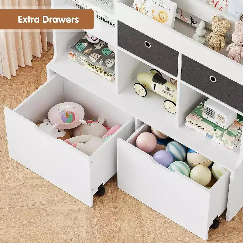 Étagère à livres en bois pour enfants de 121 cm avec 4 tiroirs, bibliothèque pour enfants, étagère de rangement pour bébé, coffre à jouets au sol pour chambre d'enfant, salle de jeux, salle de classe