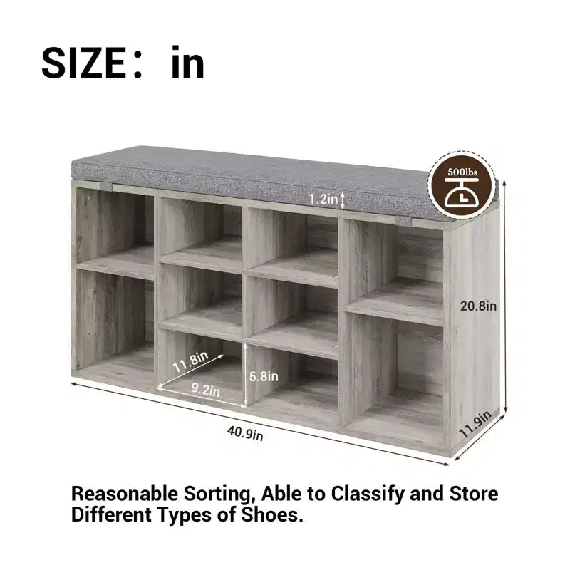 Banc à chaussures avec coussin et poches latérales, 10 compartiments, 104 cm, organisateur de chaussures d'entrée, étagère à chaussures avec étagères réglables