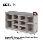 Banc à chaussures avec coussin et poches latérales, 10 compartiments, 104 cm, organisateur de chaussures d'entrée, étagère à chaussures avec étagères réglables