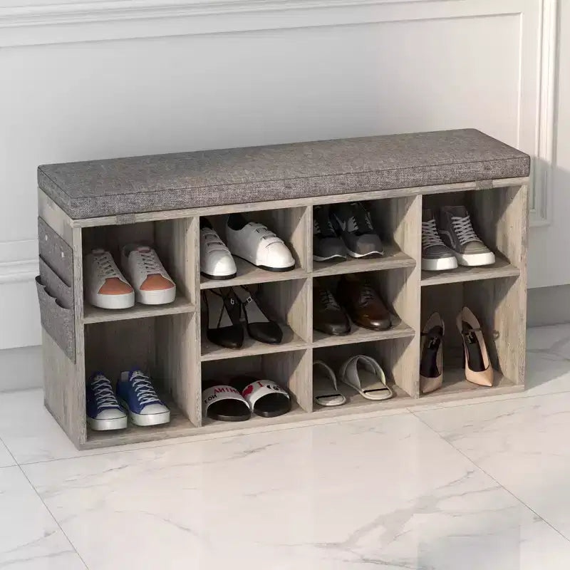 Banc à chaussures avec coussin et poches latérales, 10 compartiments, 104 cm, organisateur de chaussures d'entrée, étagère à chaussures avec étagères réglables