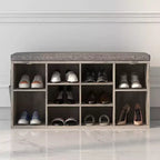 Banc à chaussures avec coussin et poches latérales, 10 compartiments, 104 cm, organisateur de chaussures d'entrée, étagère à chaussures avec étagères réglables