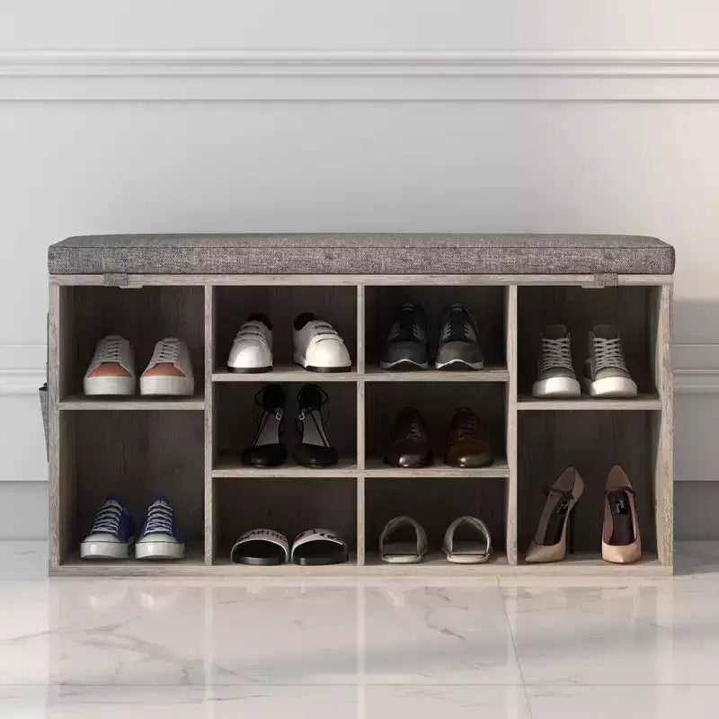 Banc à chaussures avec coussin et poches latérales, 10 compartiments, 104 cm, organisateur de chaussures d'entrée, étagère à chaussures avec étagères réglables