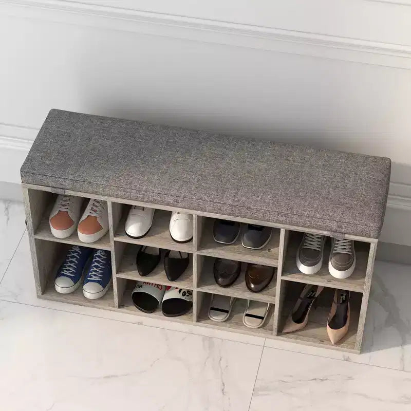 Banc à chaussures avec coussin et poches latérales, 10 compartiments, 104 cm, organisateur de chaussures d'entrée, étagère à chaussures avec étagères réglables