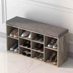 Banc à chaussures avec coussin et poches latérales, 10 compartiments, 104 cm, organisateur de chaussures d'entrée, étagère à chaussures avec étagères réglables