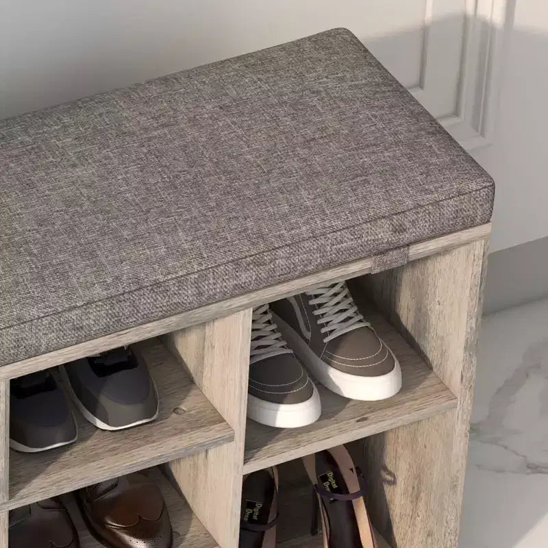 Banc à chaussures avec coussin et poches latérales, 10 compartiments, 104 cm, organisateur de chaussures d'entrée, étagère à chaussures avec étagères réglables