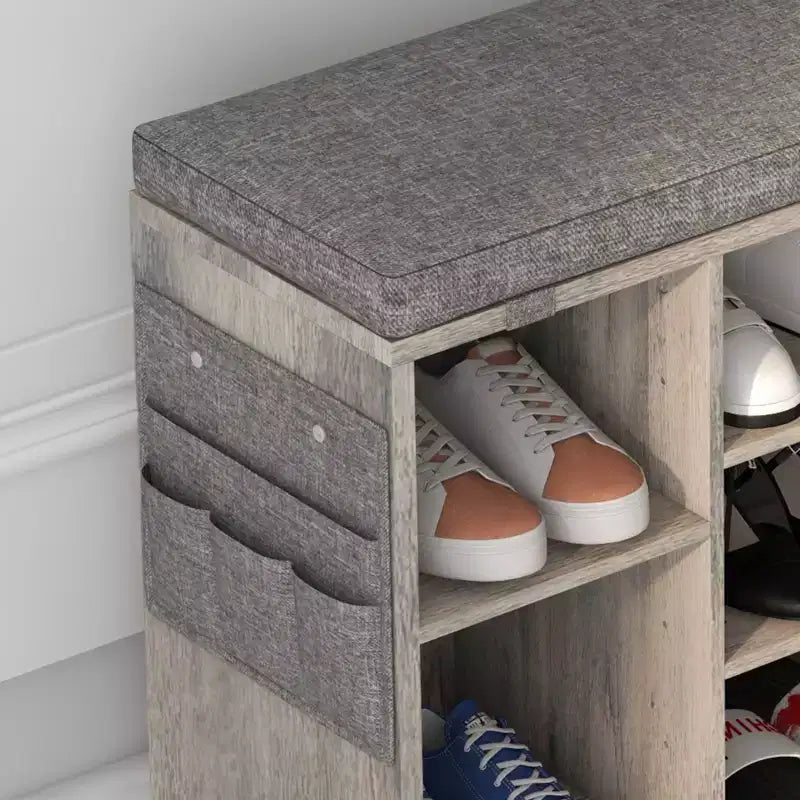 Banc à chaussures avec coussin et poches latérales, 10 compartiments, 104 cm, organisateur de chaussures d'entrée, étagère à chaussures avec étagères réglables