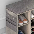 Banc à chaussures avec coussin et poches latérales, 10 compartiments, 104 cm, organisateur de chaussures d'entrée, étagère à chaussures avec étagères réglables