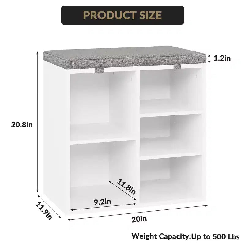 Banc à chaussures avec coussin et poches latérales, 10 compartiments, 104 cm, organisateur de chaussures d'entrée, étagère à chaussures avec étagères réglables