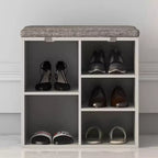 Banc à chaussures avec coussin et poches latérales, 10 compartiments, 104 cm, organisateur de chaussures d'entrée, étagère à chaussures avec étagères réglables
