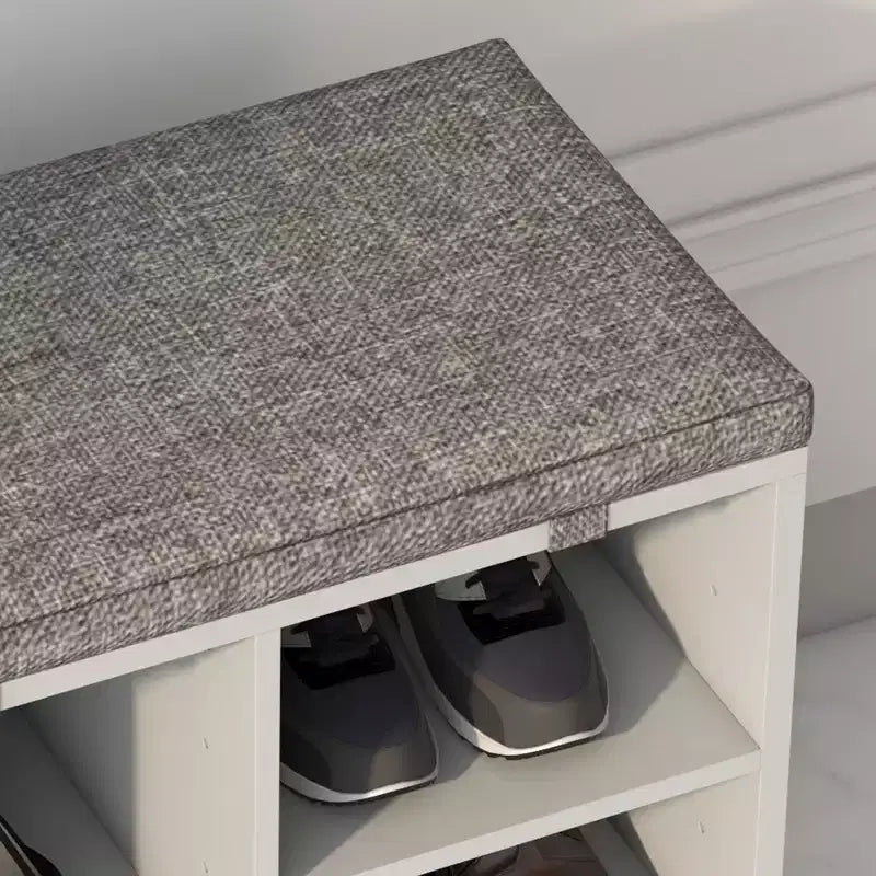 Banc à chaussures avec coussin et poches latérales, 10 compartiments, 104 cm, organisateur de chaussures d'entrée, étagère à chaussures avec étagères réglables