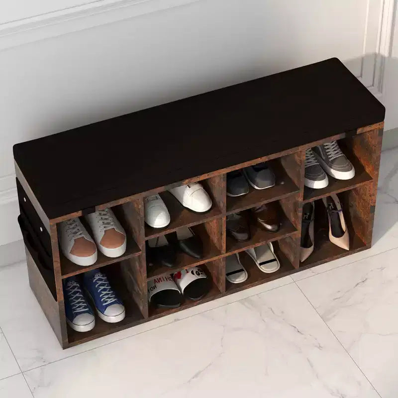 Banc à chaussures avec coussin et poches latérales, 10 compartiments, 104 cm, organisateur de chaussures d'entrée, étagère à chaussures avec étagères réglables