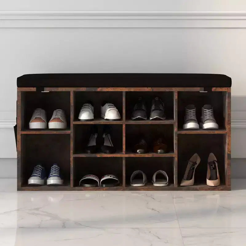 Banc à chaussures avec coussin et poches latérales, 10 compartiments, 104 cm, organisateur de chaussures d'entrée, étagère à chaussures avec étagères réglables