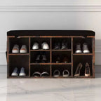 Banc à chaussures avec coussin et poches latérales, 10 compartiments, 104 cm, organisateur de chaussures d'entrée, étagère à chaussures avec étagères réglables