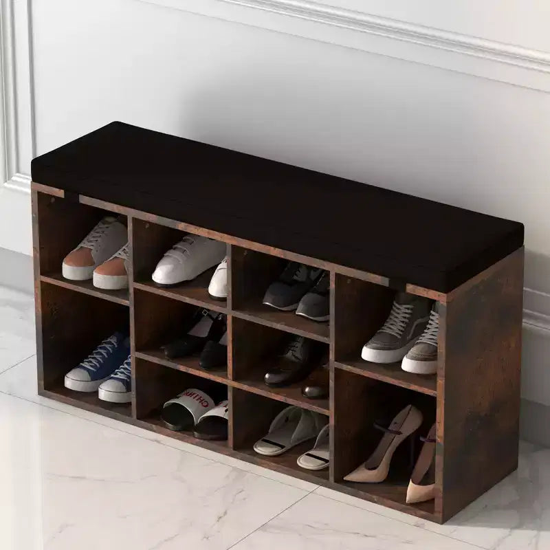 Banc à chaussures avec coussin et poches latérales, 10 compartiments, 104 cm, organisateur de chaussures d'entrée, étagère à chaussures avec étagères réglables