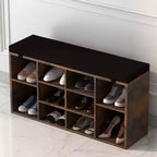 Banc à chaussures avec coussin et poches latérales, 10 compartiments, 104 cm, organisateur de chaussures d'entrée, étagère à chaussures avec étagères réglables