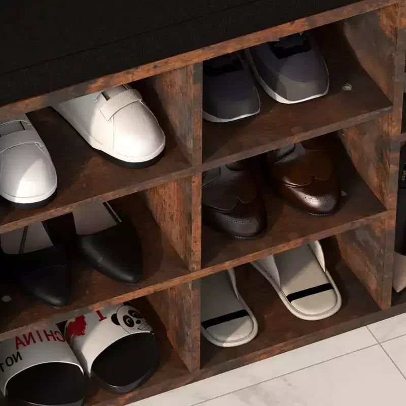 Banc à chaussures avec coussin et poches latérales, 10 compartiments, 104 cm, organisateur de chaussures d'entrée, étagère à chaussures avec étagères réglables