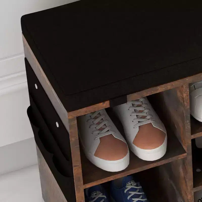 Banc à chaussures avec coussin et poches latérales, 10 compartiments, 104 cm, organisateur de chaussures d'entrée, étagère à chaussures avec étagères réglables