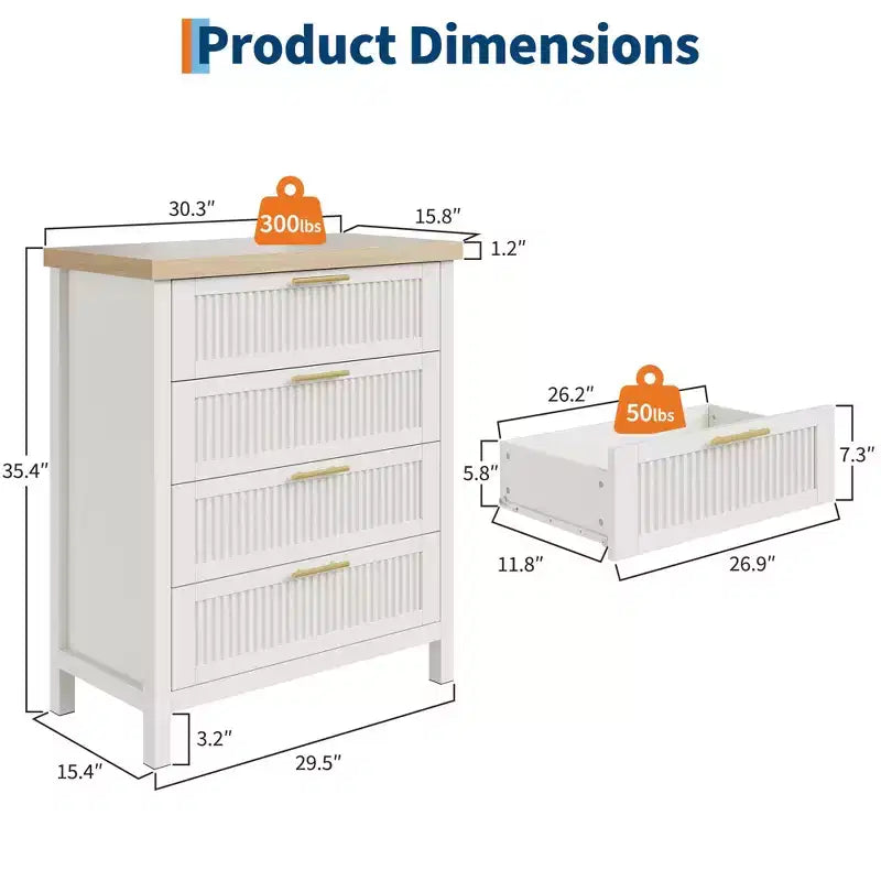 GustoWave Commode Haute 35,4" pour Chambre, avec 4 Tiroirs Cannelés et Armoire de Rangement pour Vêtements, Organisateur de Tiroir pour Chambre, Salon