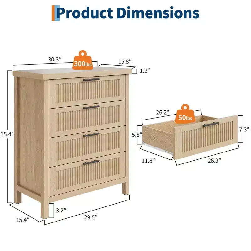 GustoWave Commode Haute 35,4" pour Chambre, avec 4 Tiroirs Cannelés et Armoire de Rangement pour Vêtements, Organisateur de Tiroir pour Chambre, Salon