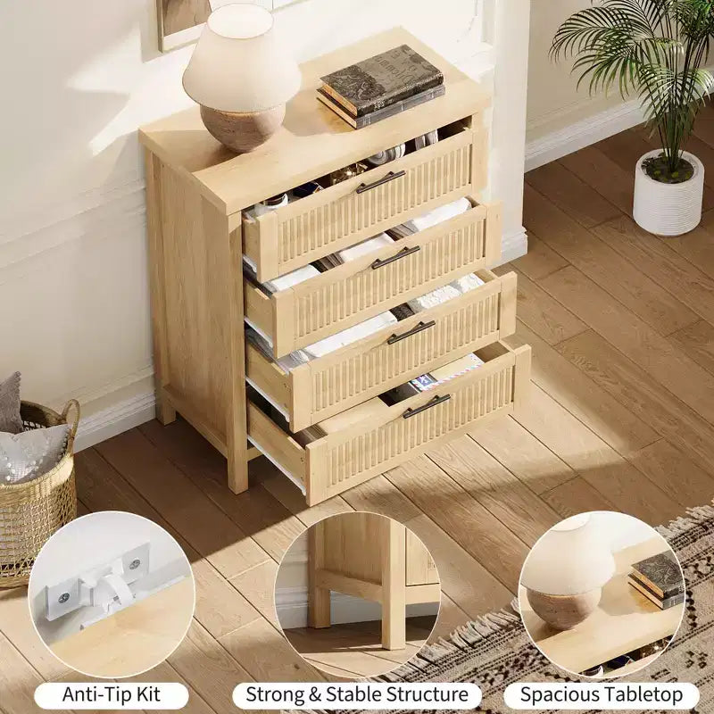 GustoWave Commode Haute 35,4" pour Chambre, avec 4 Tiroirs Cannelés et Armoire de Rangement pour Vêtements, Organisateur de Tiroir pour Chambre, Salon