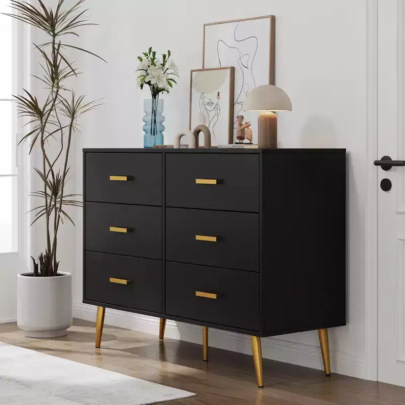 Commode en bois, armoire de rangement moderne à 6 tiroirs avec poignées dorées et pieds métalliques robustes, organisateur de tiroirs de chambre pour salon, couloir
