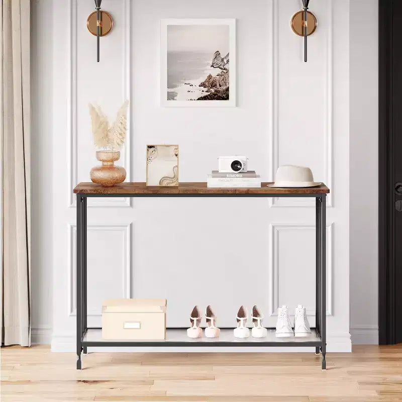 33.5in Wide Console Table, Narrow Entryway Table, Narrow Console Table, Behind Couch Table, End Table with Glass Shelf and Metal Frame