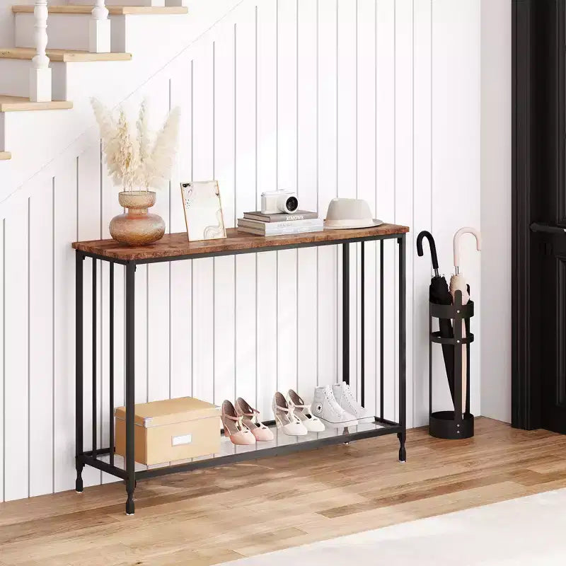 33.5in Wide Console Table, Narrow Entryway Table, Narrow Console Table, Behind Couch Table, End Table with Glass Shelf and Metal Frame