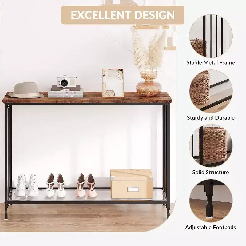 33.5in Wide Console Table, Narrow Entryway Table, Narrow Console Table, Behind Couch Table, End Table with Glass Shelf and Metal Frame