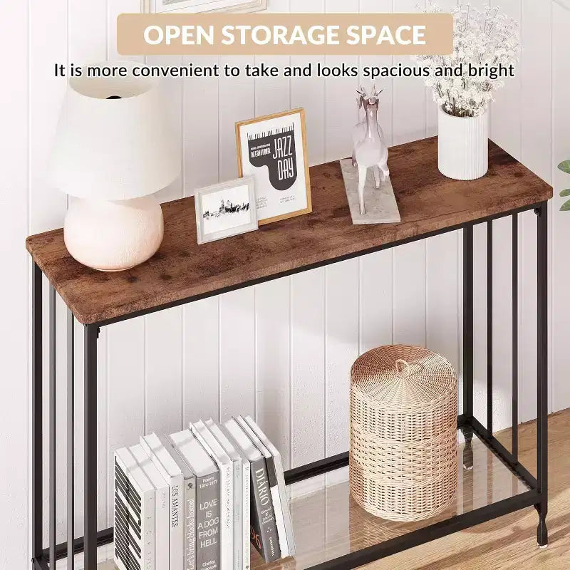33.5in Wide Console Table, Narrow Entryway Table, Narrow Console Table, Behind Couch Table, End Table with Glass Shelf and Metal Frame