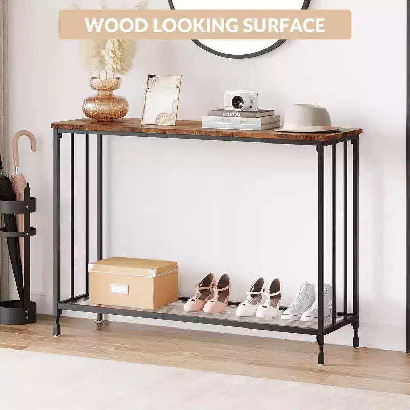 33.5in Wide Console Table, Narrow Entryway Table, Narrow Console Table, Behind Couch Table, End Table with Glass Shelf and Metal Frame