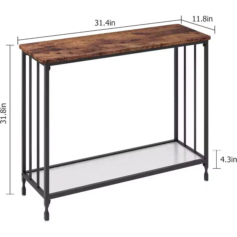 33.5in Wide Console Table, Narrow Entryway Table, Narrow Console Table, Behind Couch Table, End Table with Glass Shelf and Metal Frame