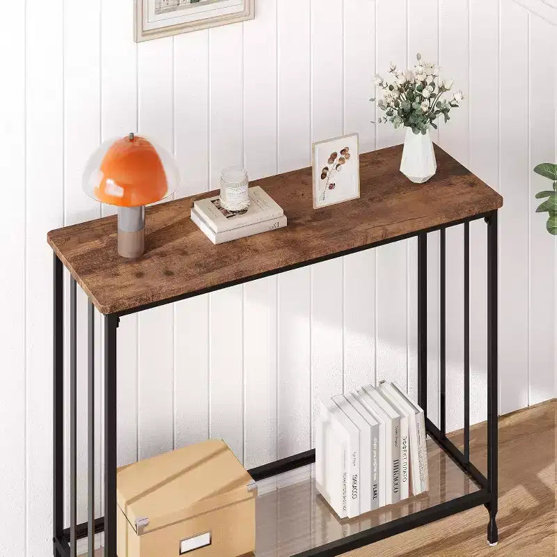 33.5in Wide Console Table, Narrow Entryway Table, Narrow Console Table, Behind Couch Table, End Table with Glass Shelf and Metal Frame