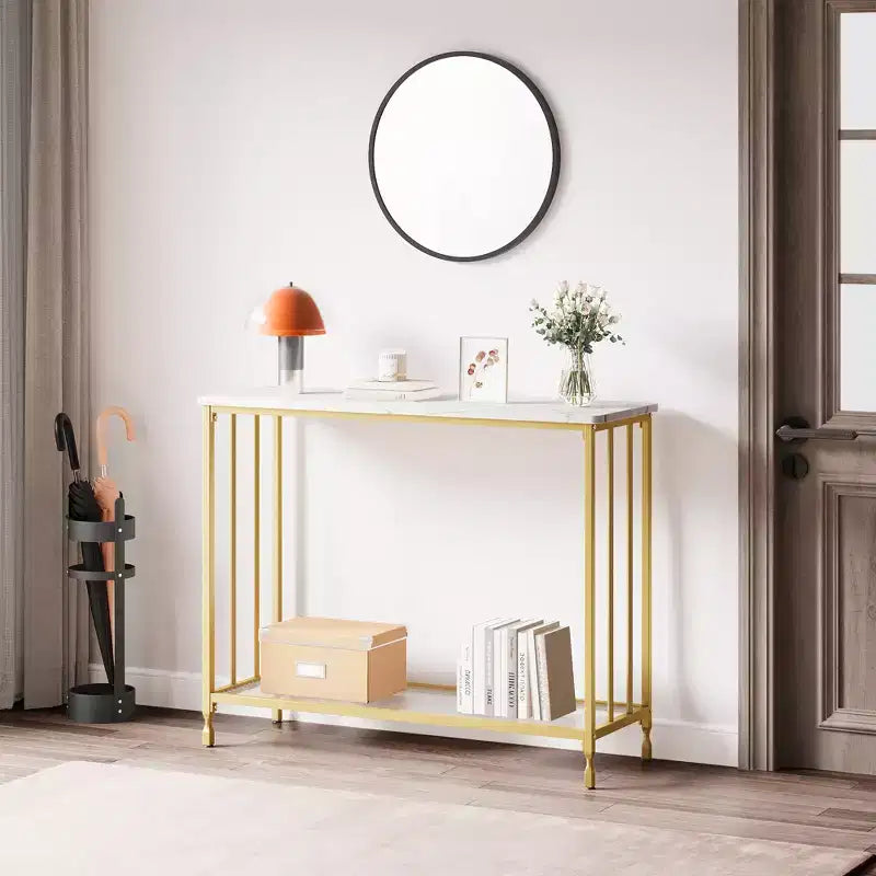 33.5in Wide Console Table, Narrow Entryway Table, Narrow Console Table, Behind Couch Table, End Table with Glass Shelf and Metal Frame
