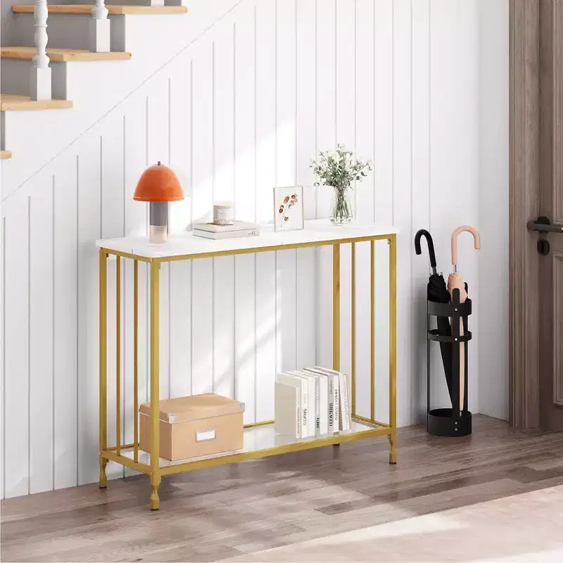 33.5in Wide Console Table, Narrow Entryway Table, Narrow Console Table, Behind Couch Table, End Table with Glass Shelf and Metal Frame