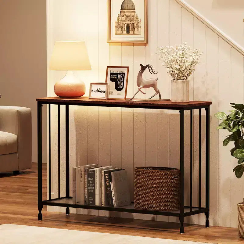 33.5in Wide Console Table, Narrow Entryway Table, Narrow Console Table, Behind Couch Table, End Table with Glass Shelf and Metal Frame