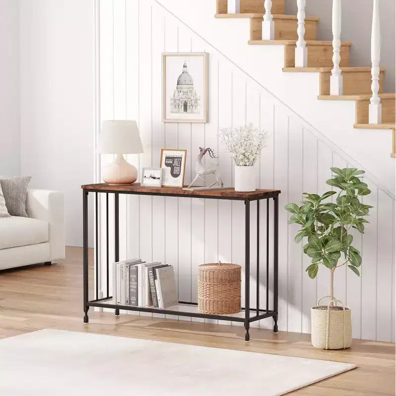 33.5in Wide Console Table, Narrow Entryway Table, Narrow Console Table, Behind Couch Table, End Table with Glass Shelf and Metal Frame