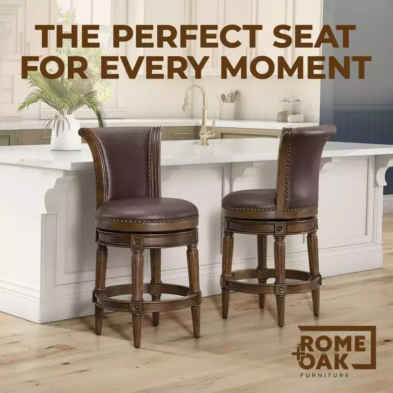 ROME + OAK Tabouret de bar Runyan, Noyer foncé, Similicuir végétalien marron vintage, Lot de 4